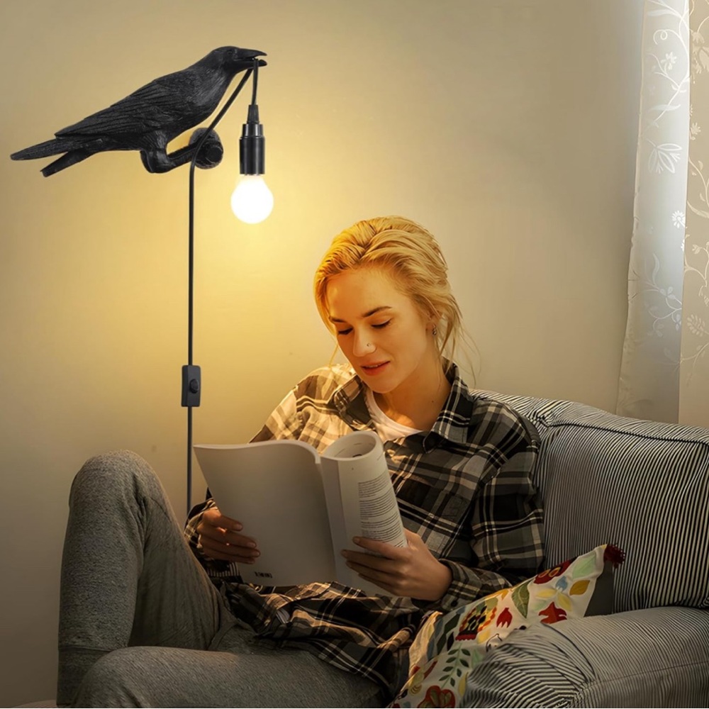 Raven  Lamp, Gothic Crow Lamp, Adjustable Birds Light, Wall Sconce Resin Raven